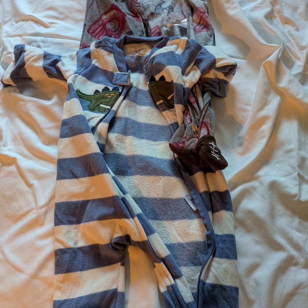 Striped Blue and White Kids One Piece with Dinosaur Design